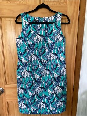 Talbots Teal and Navy Giraffe Leaf Print Sheath Dress